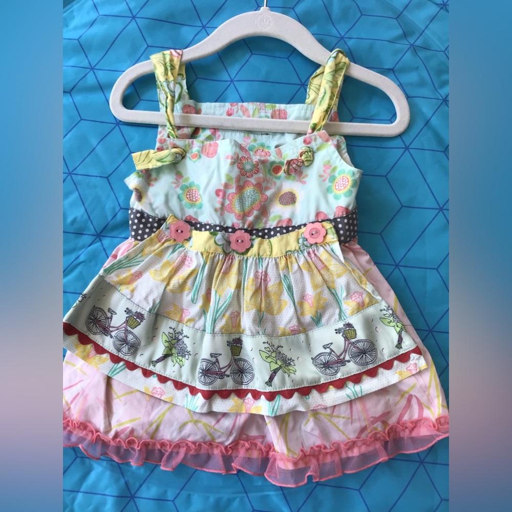 Matilda Jane Knot top - dress Apron Bicycle Spring Flowers Pink ruffle tunic